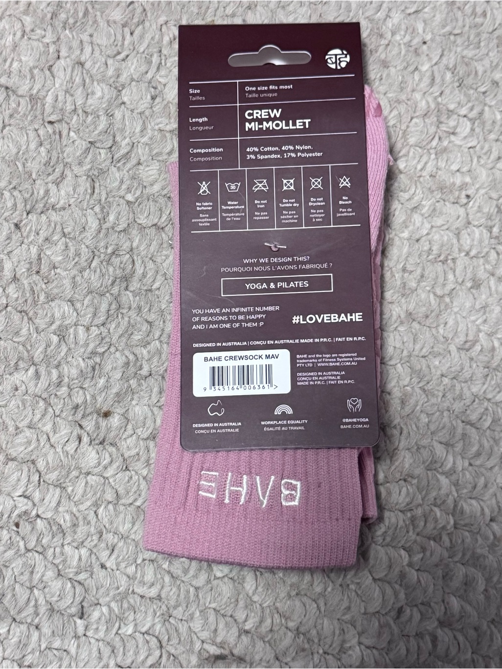 Bahe Studio Grounded Grippy Crew Sock New Unisex One Size Pink Yoga Pilates — image 2 of 3